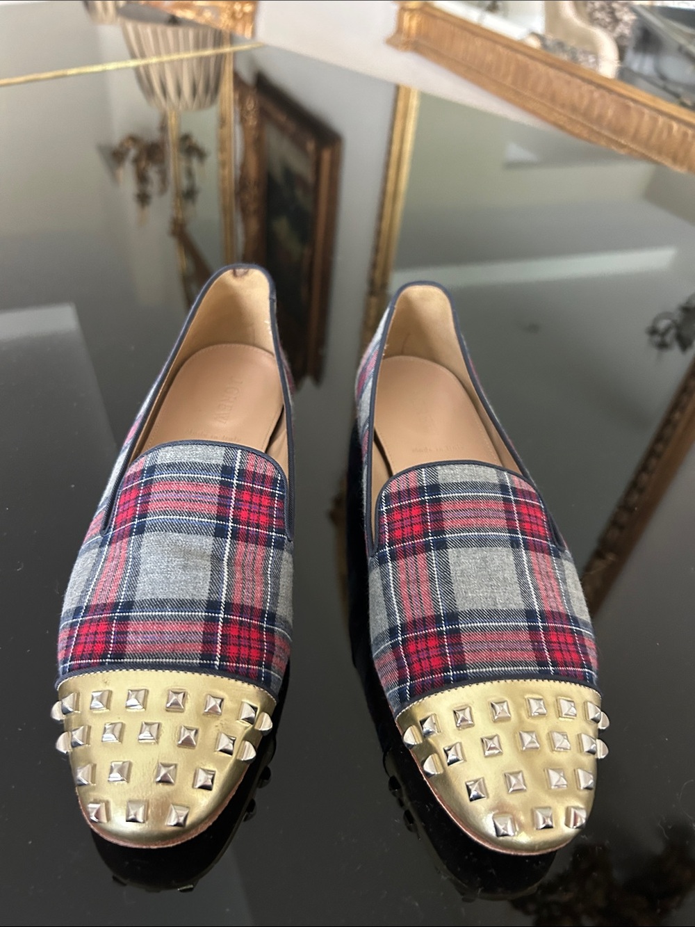 J. Crew Red & Gray Plaid Studded Cap-Toe Loafers